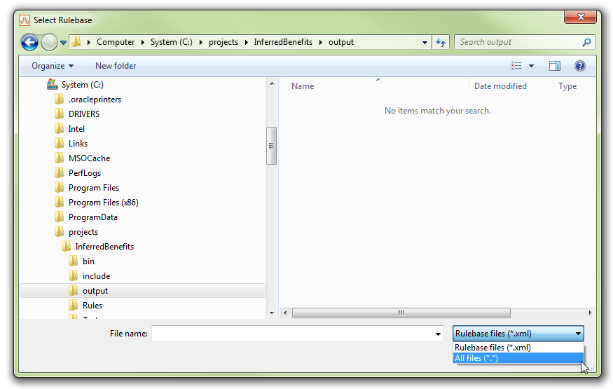 Select Rulebase Dialog in Policy Modeling showing file type drop-down menu